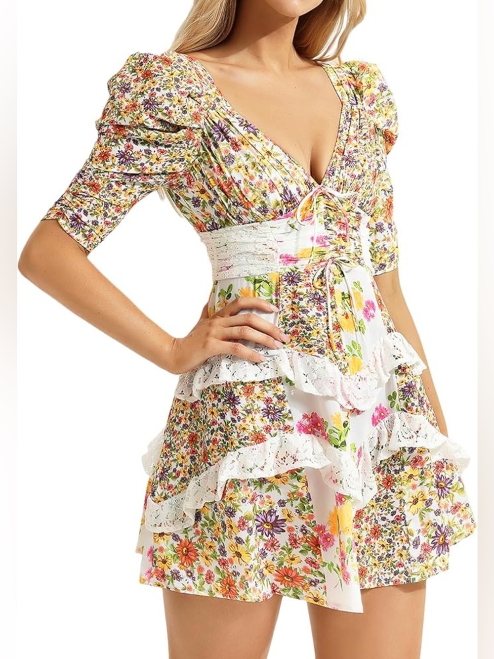 NWT Jardinvue Multi Ruffle Mini Cottagecore Floral Mini Dress